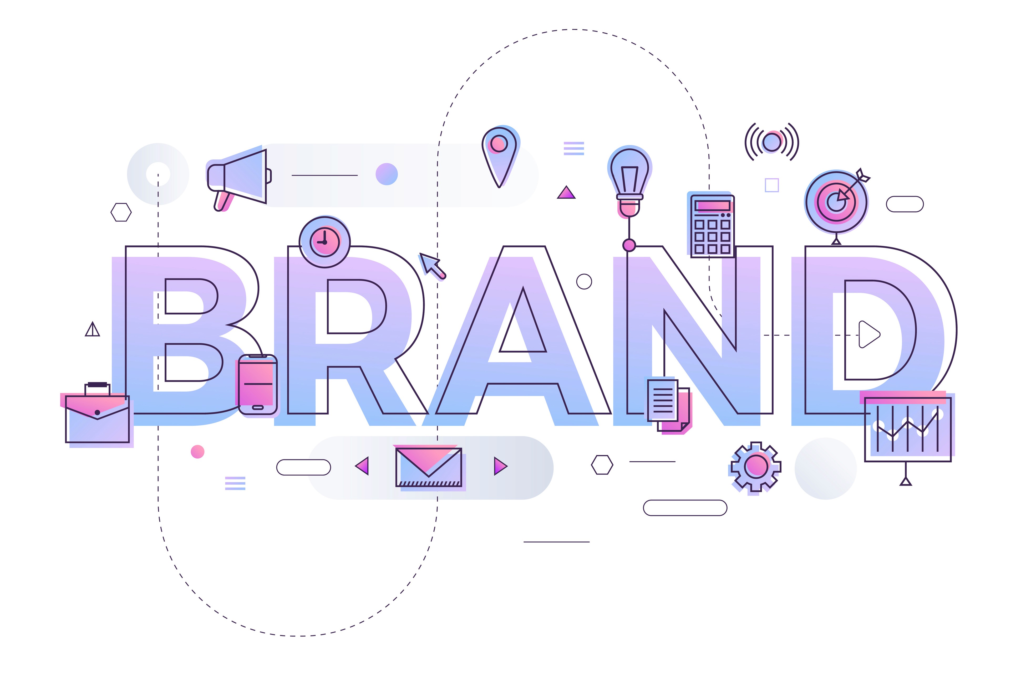 Flat illustration of the word BRAND surrounded by marketing icons for brand strategy content