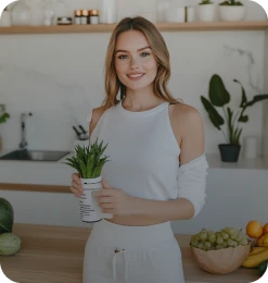 Woman in a white outfit holds a small potted plant, smiling in a bright kitchen filled with greenery.
