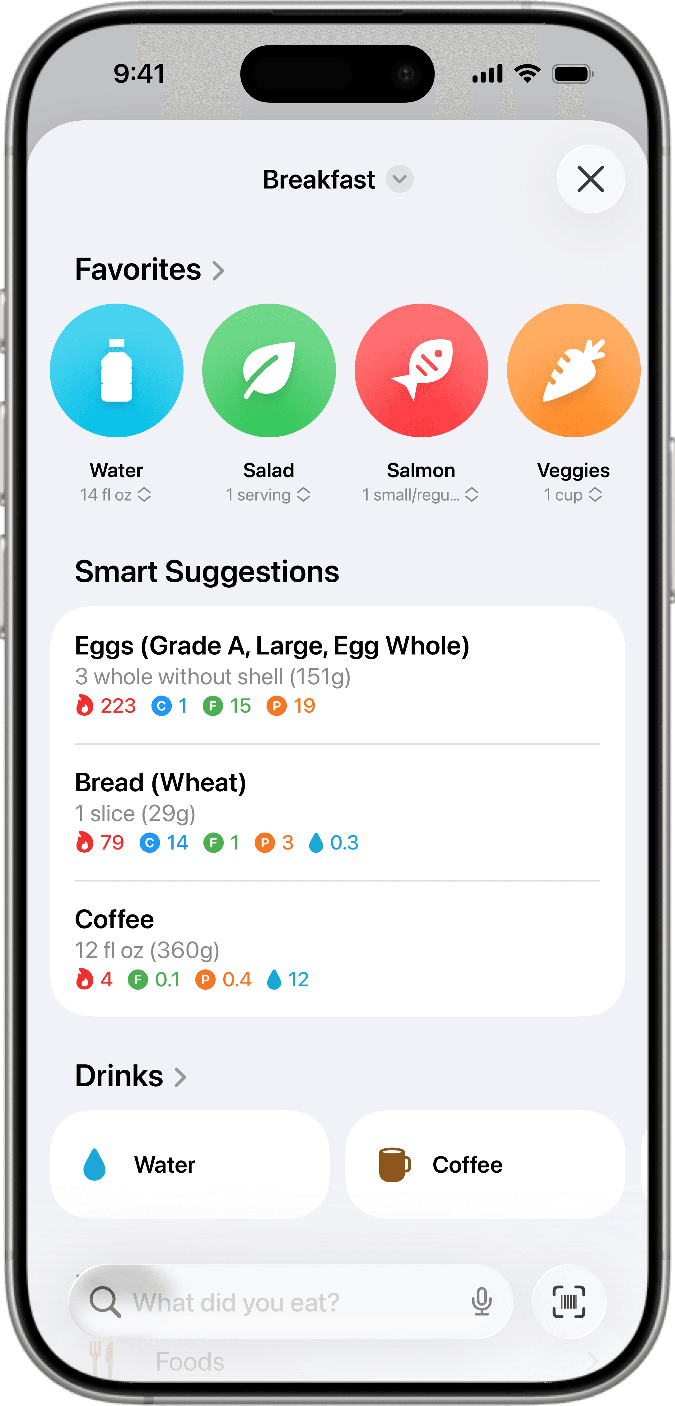Breakfast logging screen with favorite foods including water, salad, salmon and veggies, plus smart food suggestions for eggs, wheat bread and coffee with nutritional details