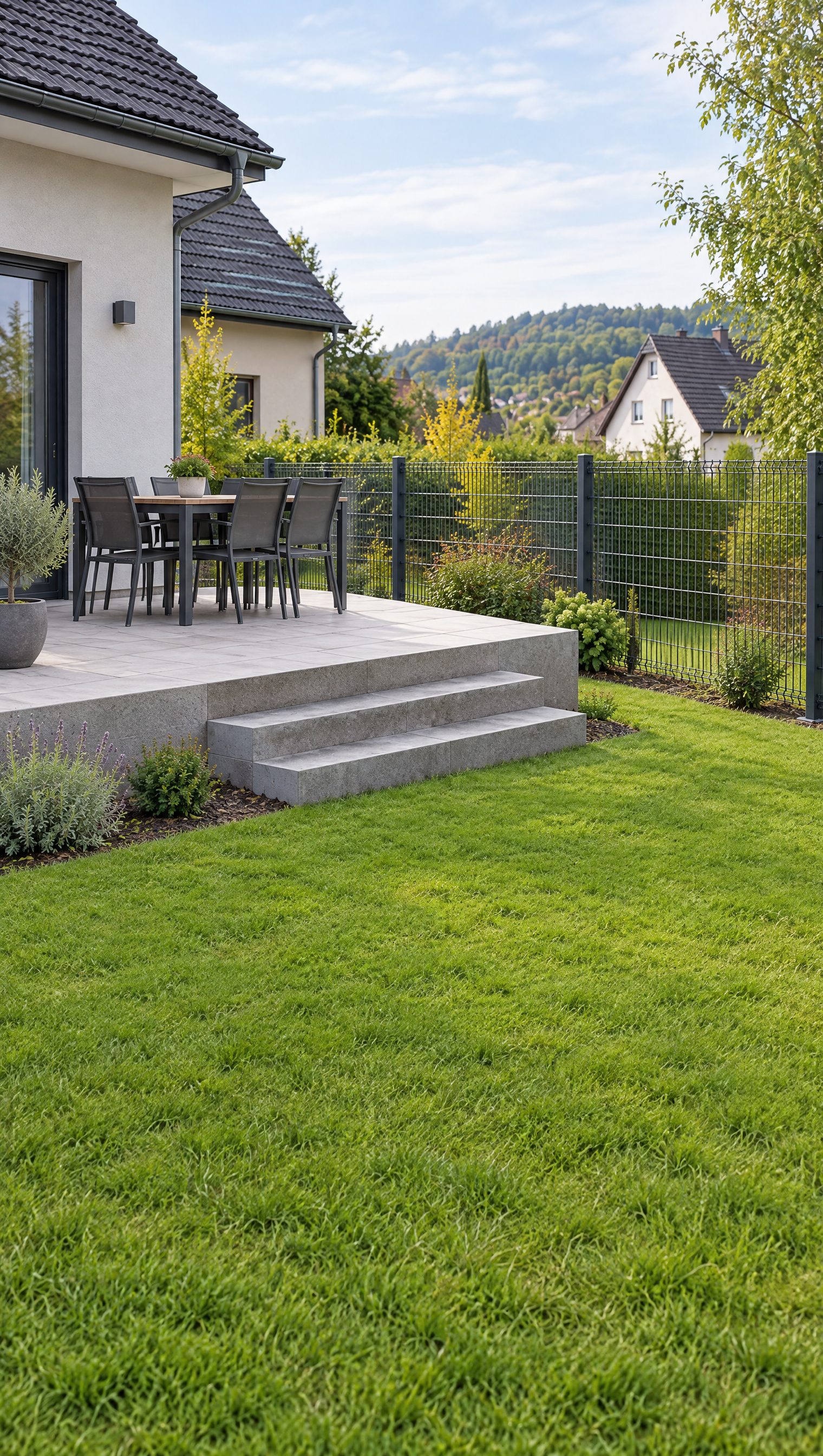Neu gebaute Terrasse mit Blockstufen zum Rasen und Doppelstabmattenzaun