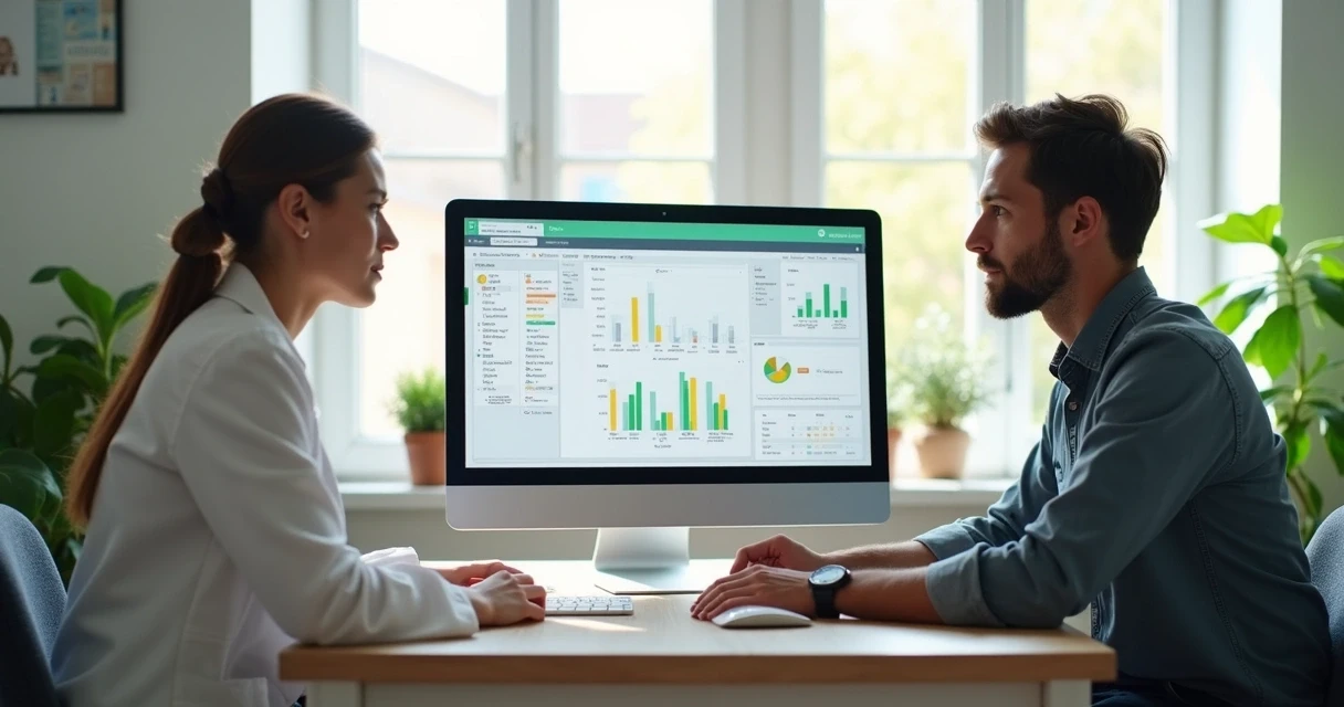 Nutricionista e paciente interagindo acompanhando dados em uma tela 