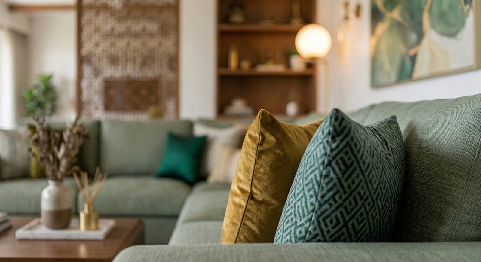 Vintage-modern living room with tufted sofas, false ceiling, and layered warm lighting.