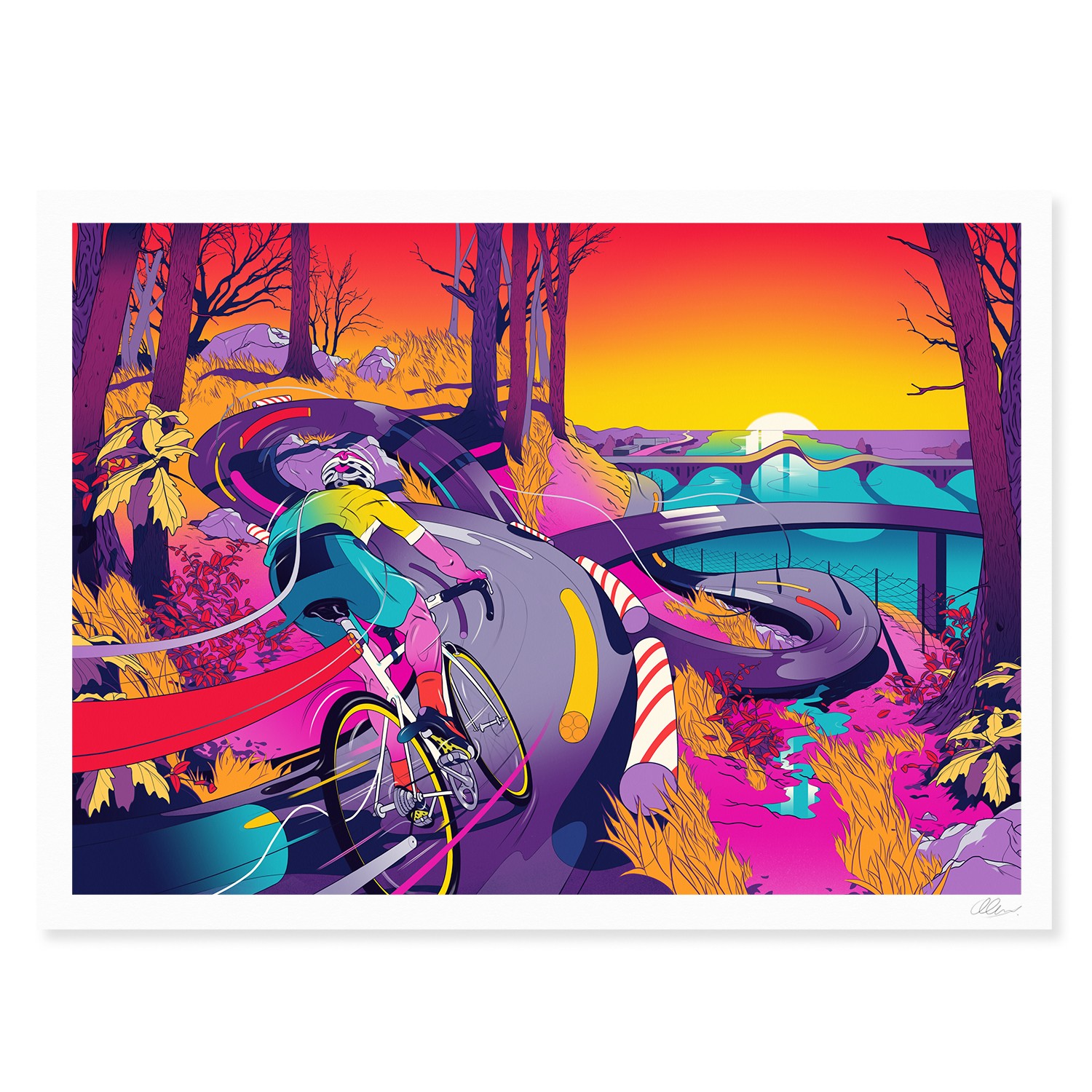 A surreal cycling artwork capturing the motion, freedom, and connection of riding through nature. Speed visualizes the dreamlike experience of a cyclist’s journey across a vibrant, imaginative landscape.