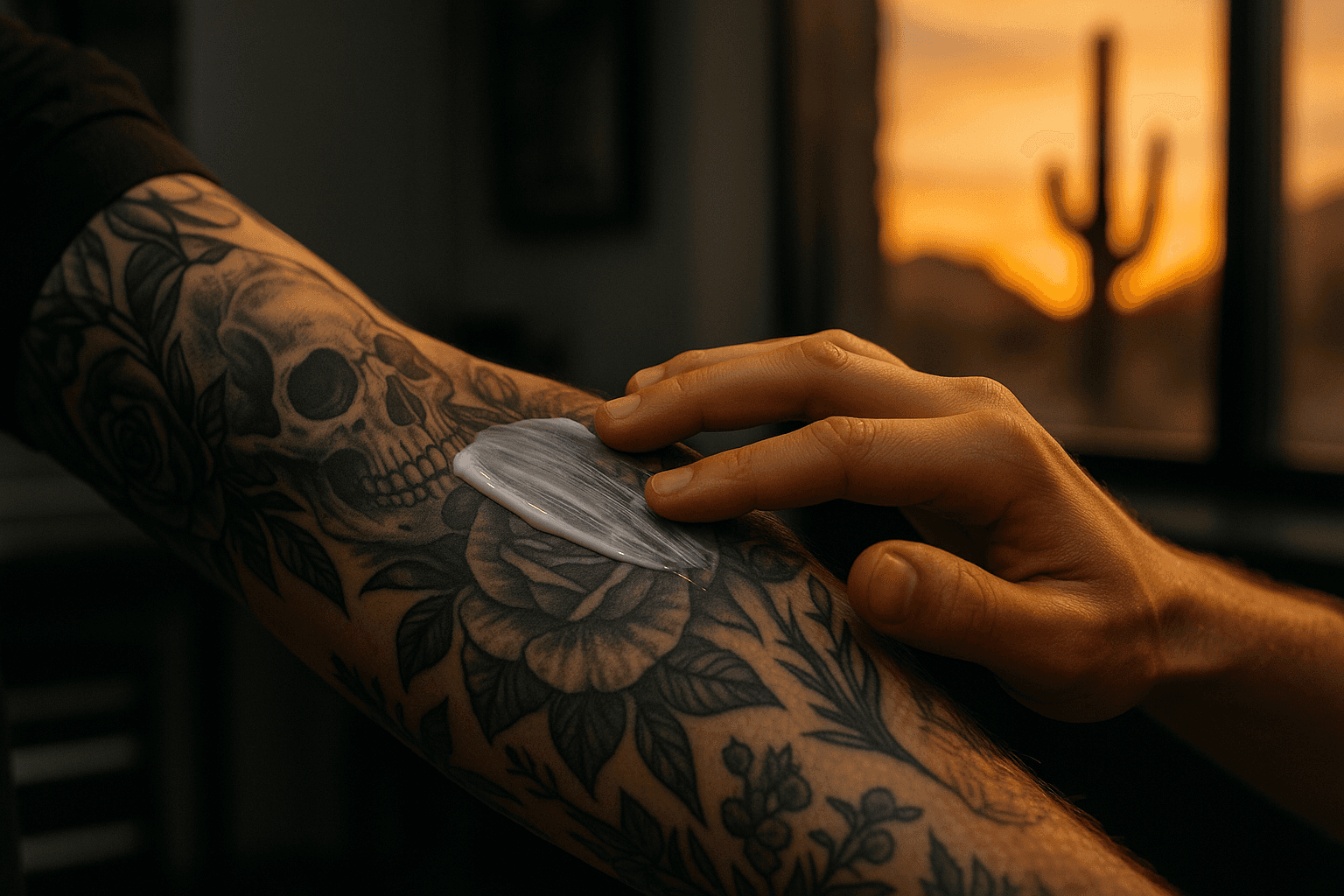 Applying moisturizing lotion to a healing forearm tattoo to protect against the dry Phoenix Arizona heat.