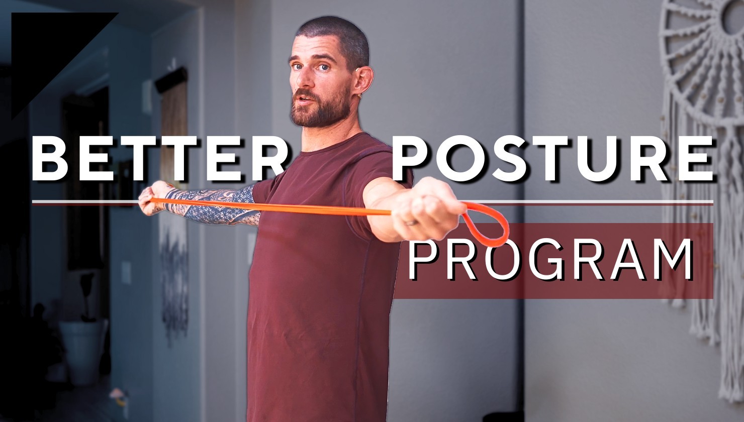 Better posture program cover, featuring Flo using a resistance band in a postural pose.