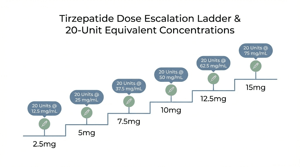 Tirzepatide dose tier comparison with 20 units conversion at various concentrations