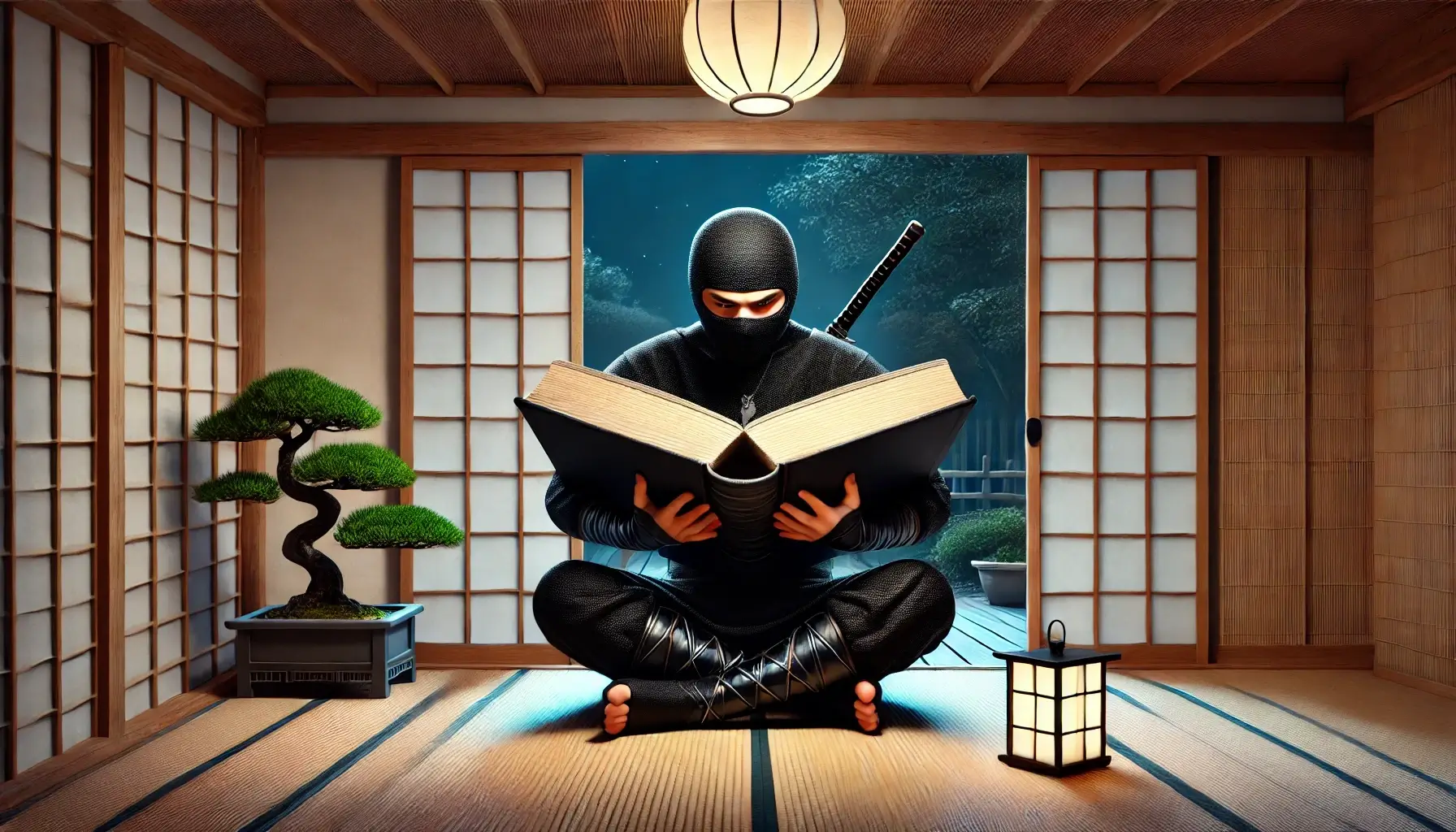 un ninja estudiando un libro grueso en su habitacion