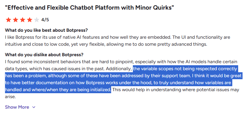 review regarding feature dislike in botpress