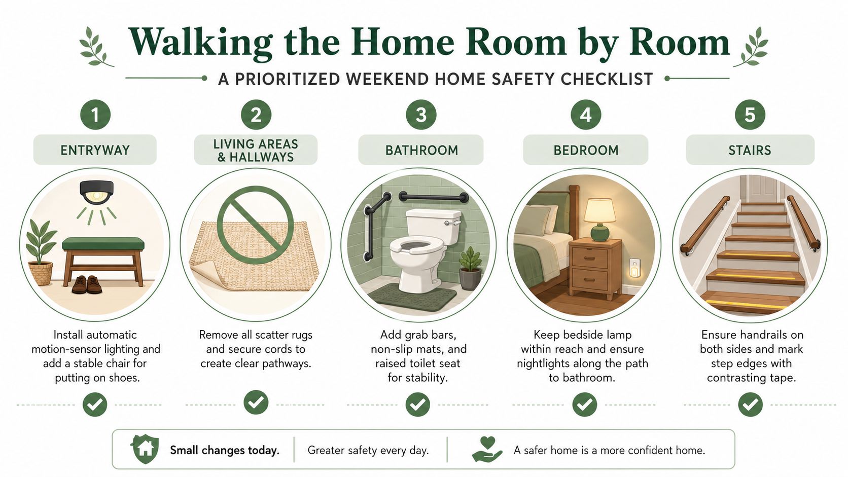 A home safety checklist infographic illustrating five steps to prevent falls for seniors and patients.