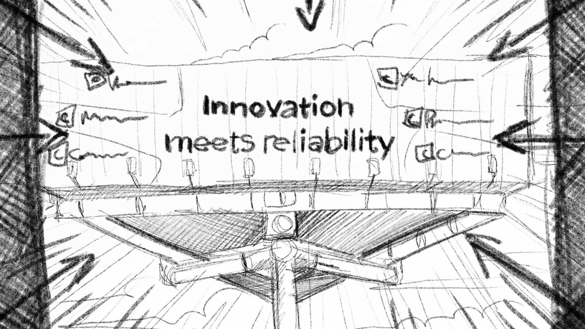 Storyboard sketch of the Captura brand film's conference stage scene with 'Innovation meets reliability' headline and directional arrows indicating element animation timing.