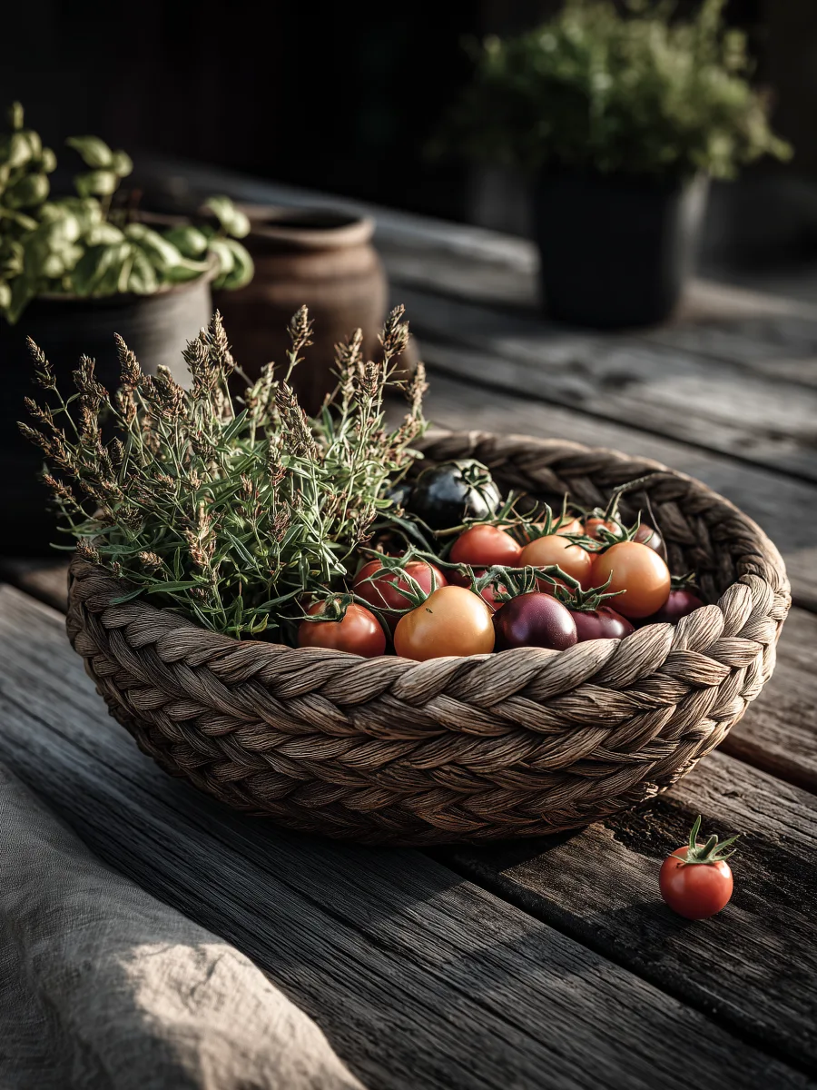 A woven basket containing fresh vegetables