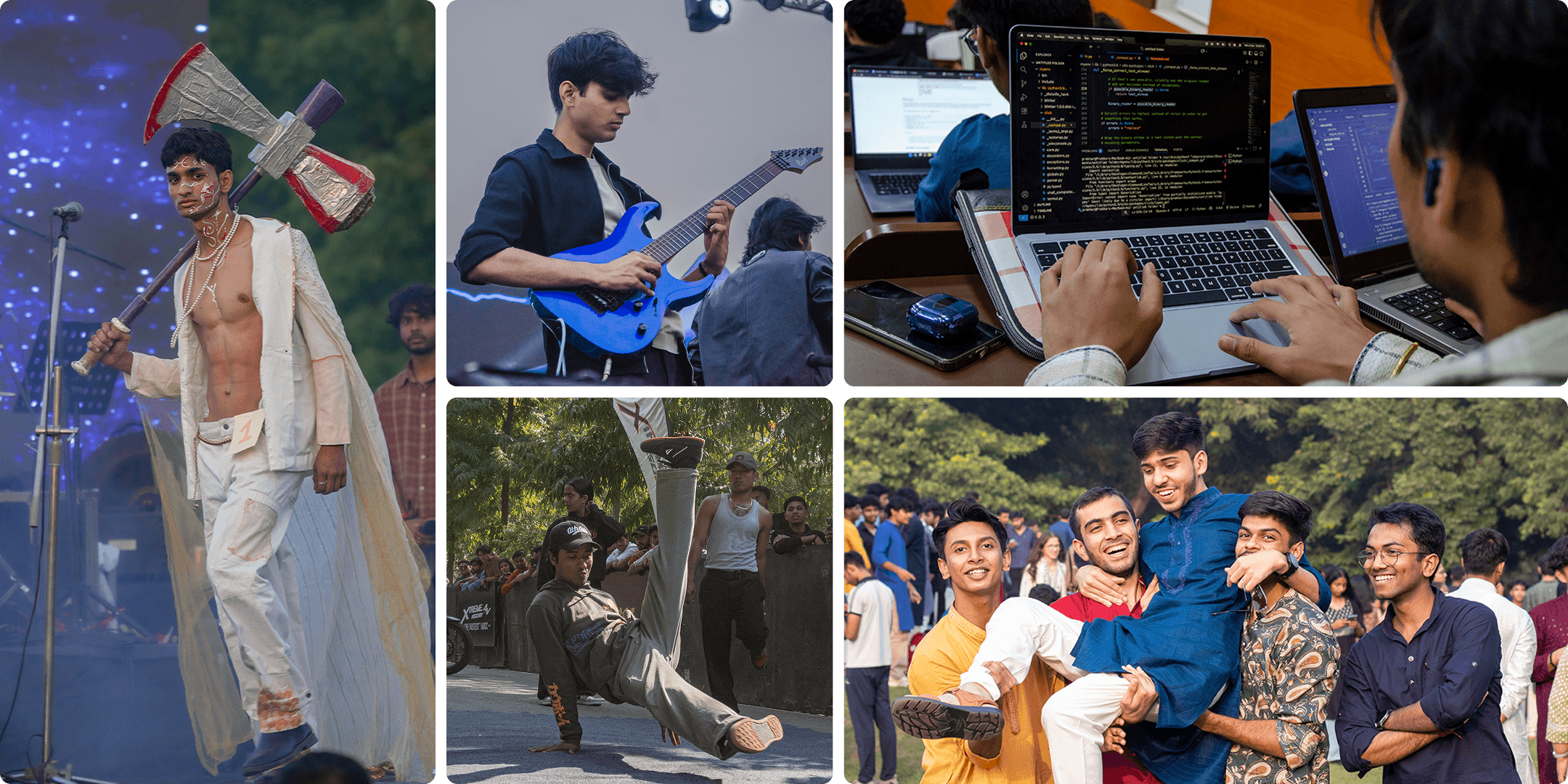 students performing, coding, celebrating together