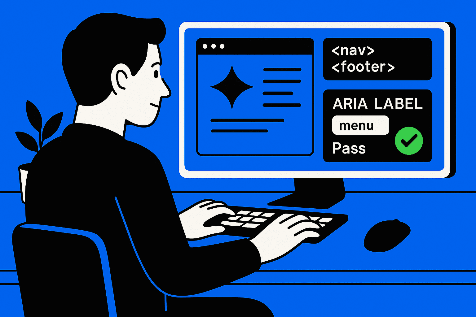Developer applying micro-accessibility fixes using semantic HTML, ARIA labels, and color contrast tools