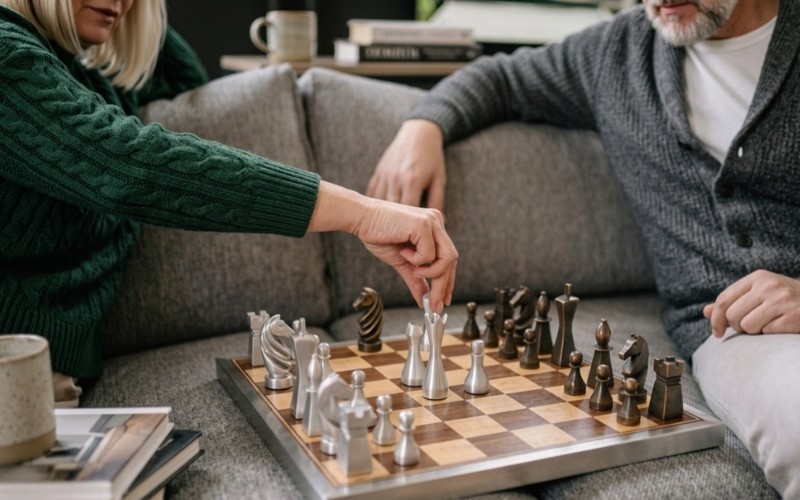 Two adults playing chess during a focused strategic discussion