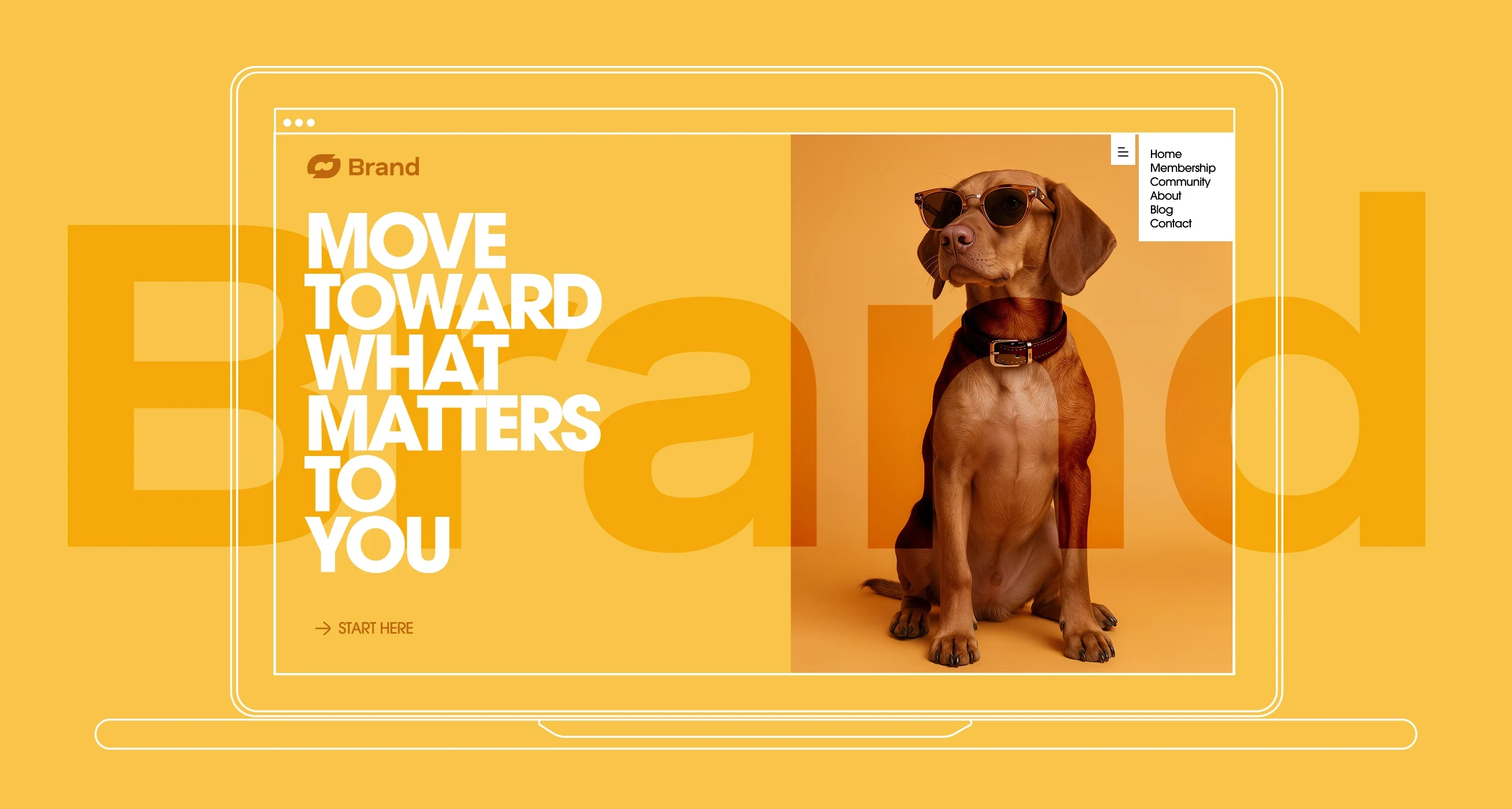 Dog wearing sunglasses beside inspiring text on a vibrant yellow backdrop.