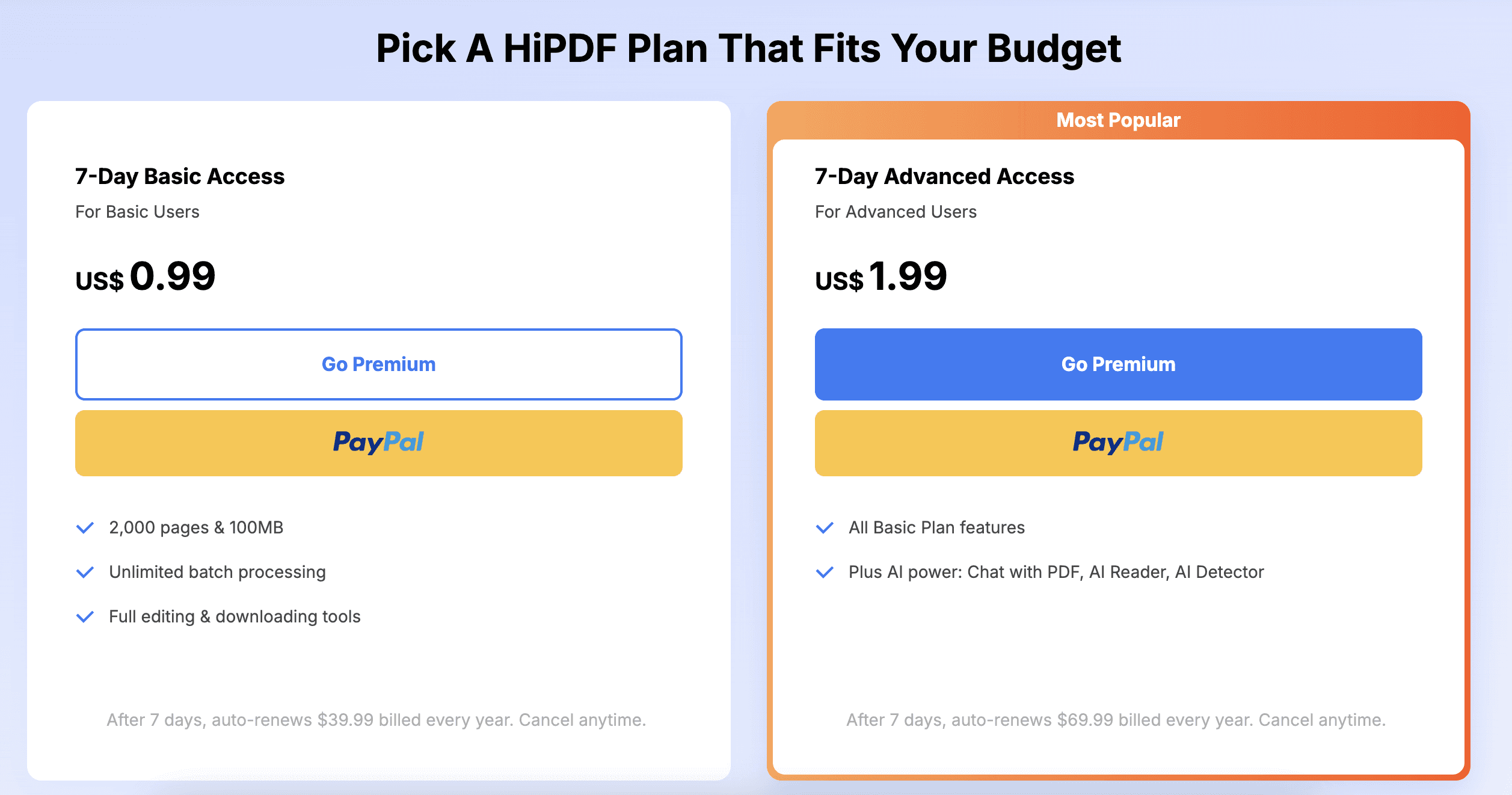 HiPDF's pricing