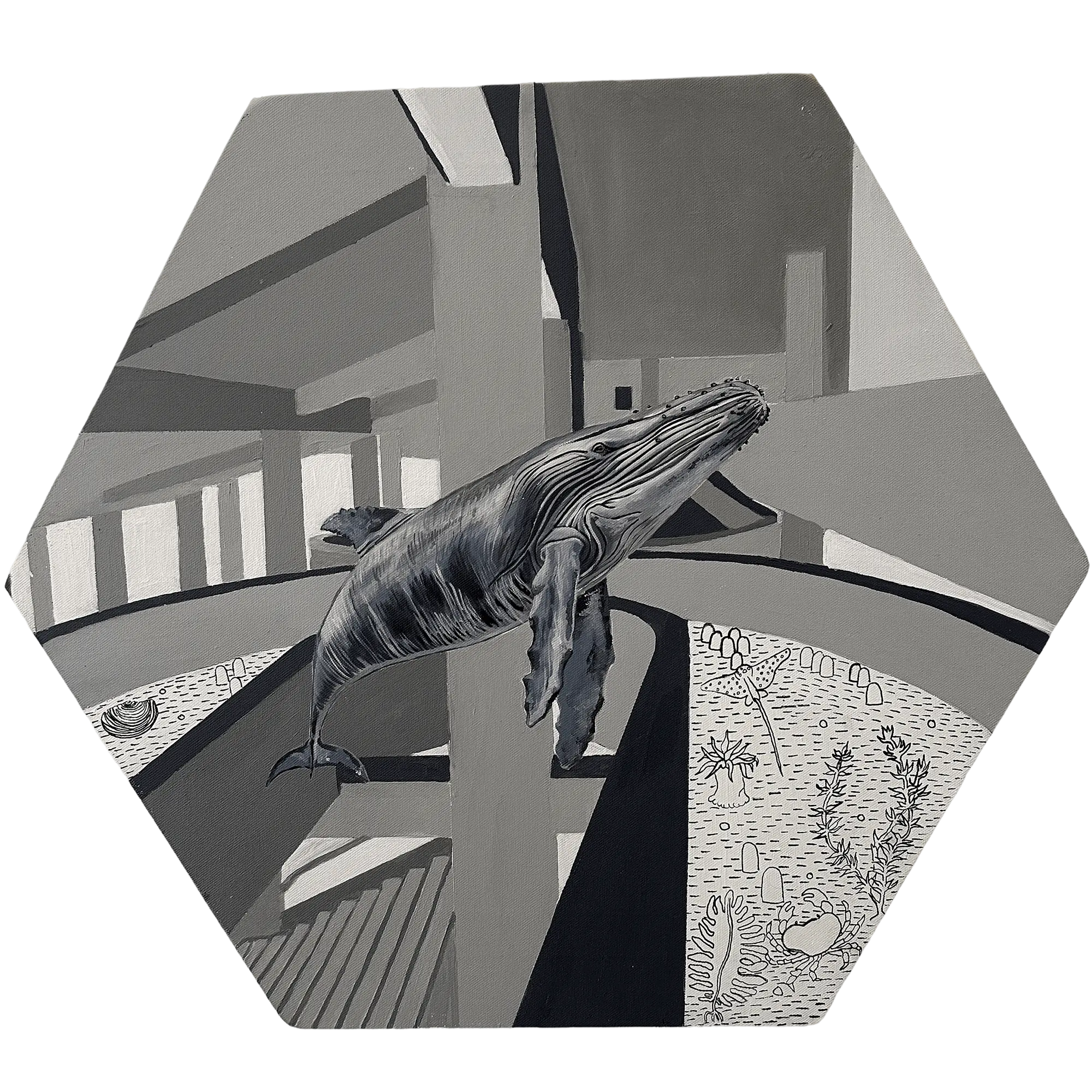 A whale floats through a surreal architectural space filled with intersecting ramps and columns in grayscale. Fossil patterns and aquatic plant illustrations decorate parts of the floor.