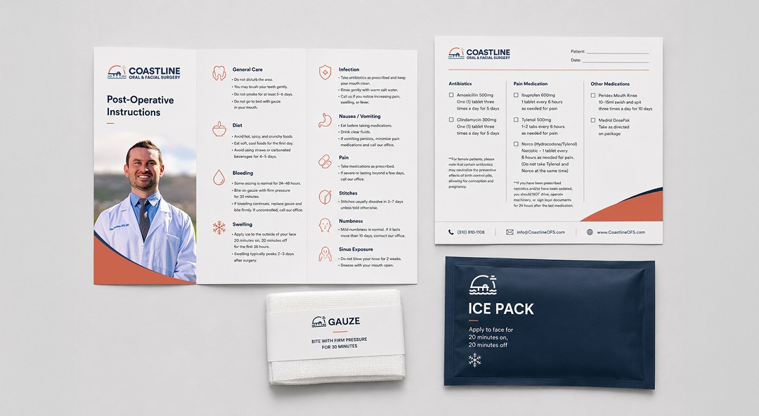 Flat lay of Coastline post-operative materials with instruction brochure, prescription sheet, gauze, and branded ice pack.