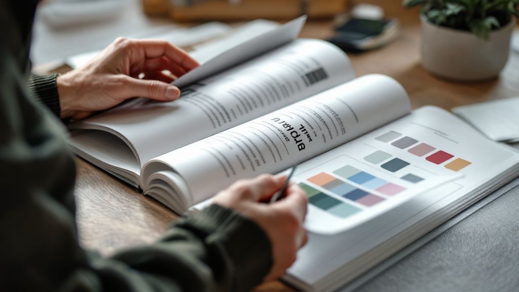Close-up of a person reviewing a brand guideline book, featuring color palettes and typography styles, placed on a wooden desk with a blurred plant and phone in the background