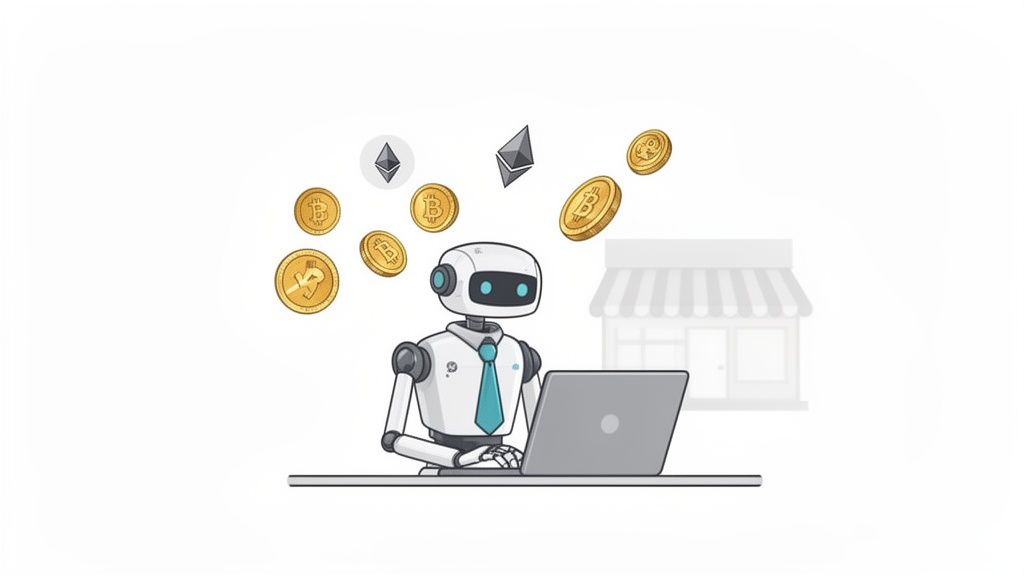 A robot in a tie works on a laptop, surrounded by floating Bitcoin and Ethereum cryptocurrencies.