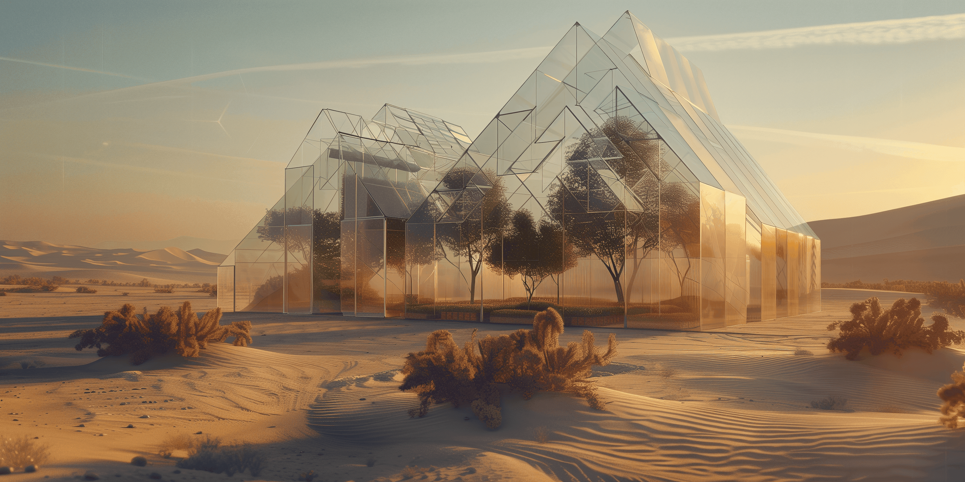 A futuristic-looking glass greenhouse filled with plants in an empty sandy desert.
