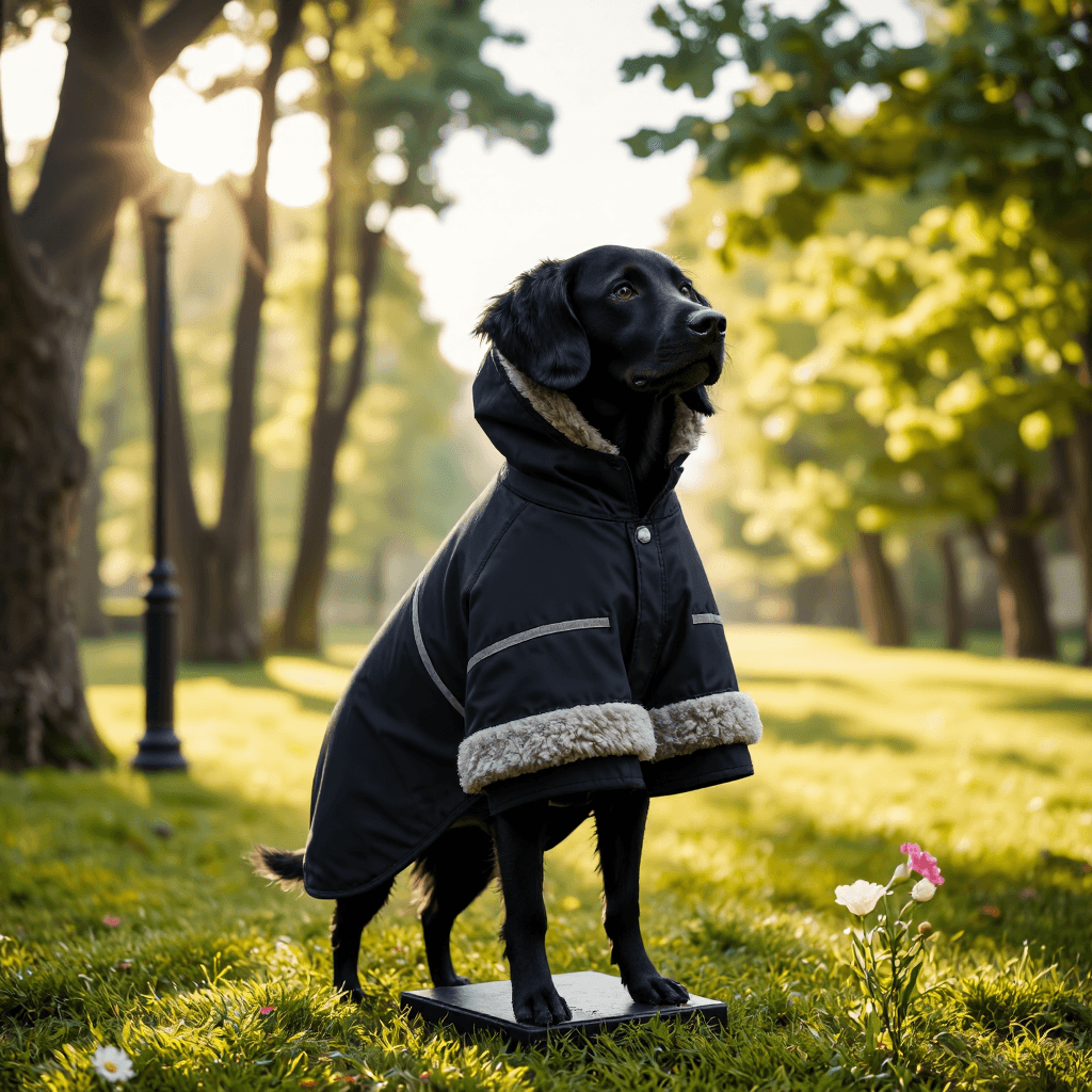 product photography of a dog coat designed for warmth and protection against wind and water
