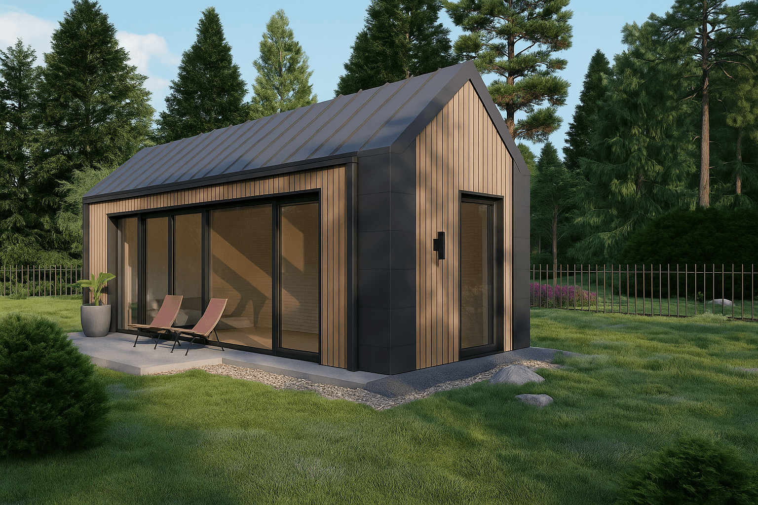 Compact houten tuinkantoor met zwarte accenten in bosrijke tuin in Drenthe