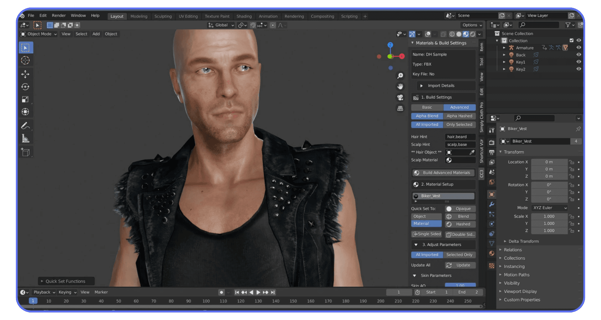 A 3D human model with realistic skin texture and lighting displayed in Blender’s workspace, showing material and build settings for a character wearing a black sleeveless jacket.