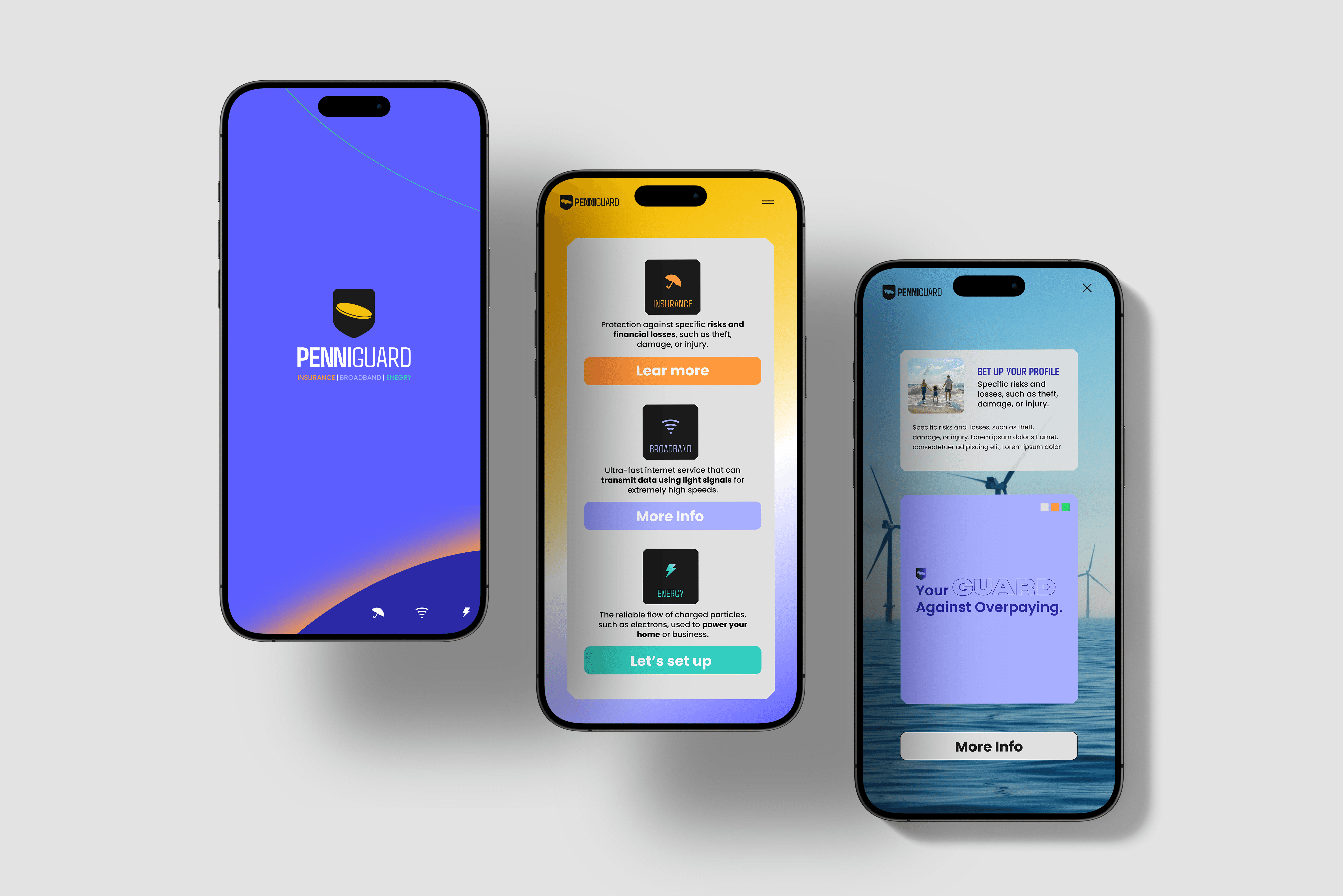 Mobile app for Penniguard. 3 mobile with three different user interface designs. Log in Screen, and 2 other. 