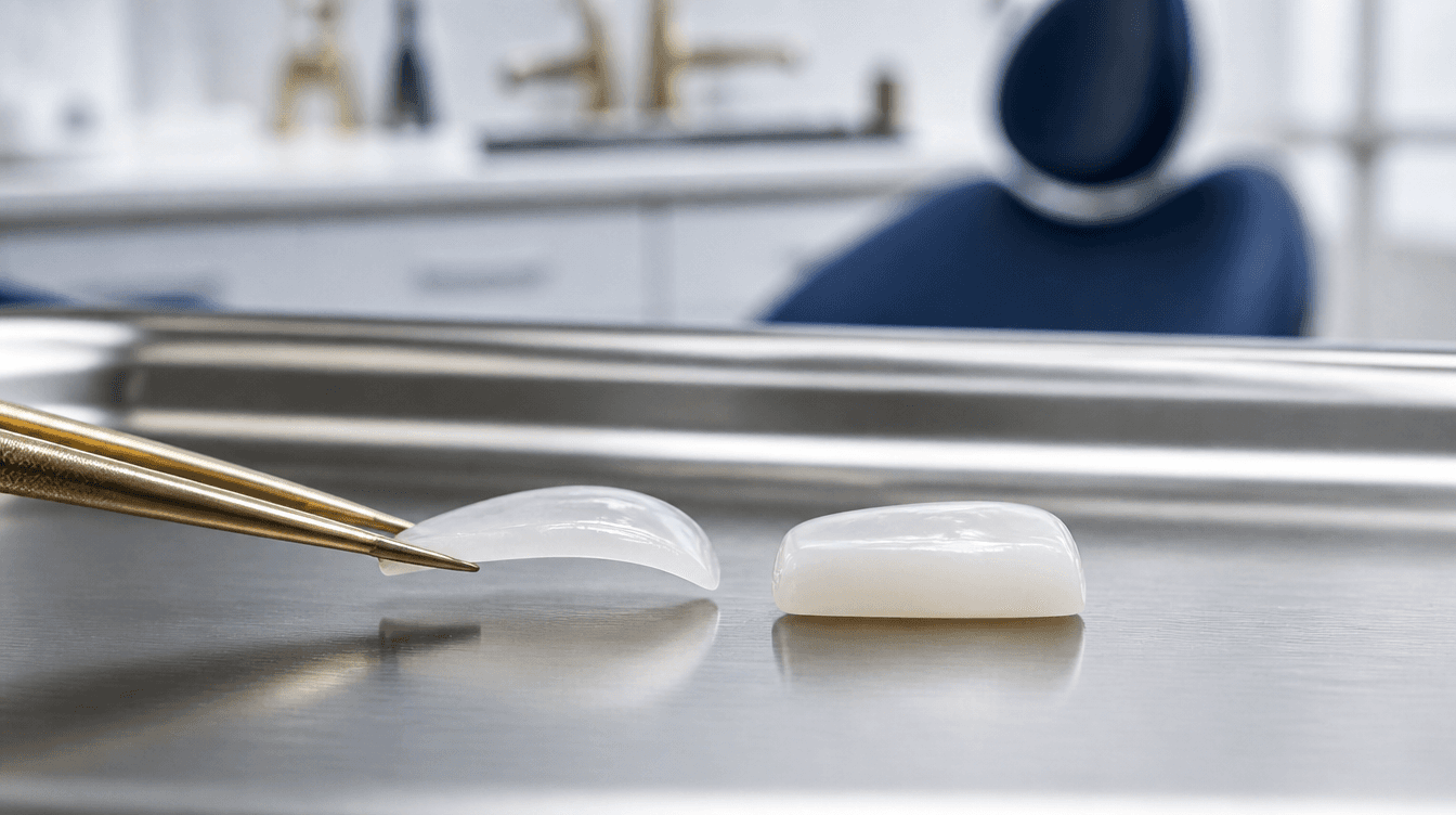 Lumineer porcelain veneer next to a traditional veneer for thickness comparison at a Smyrna dental practice
