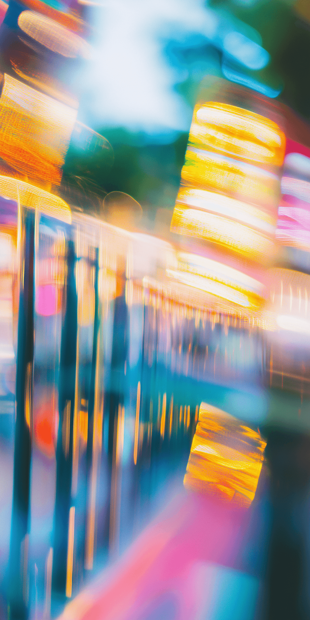 Blurred figures moving through a lit corridor with golden warm tones.