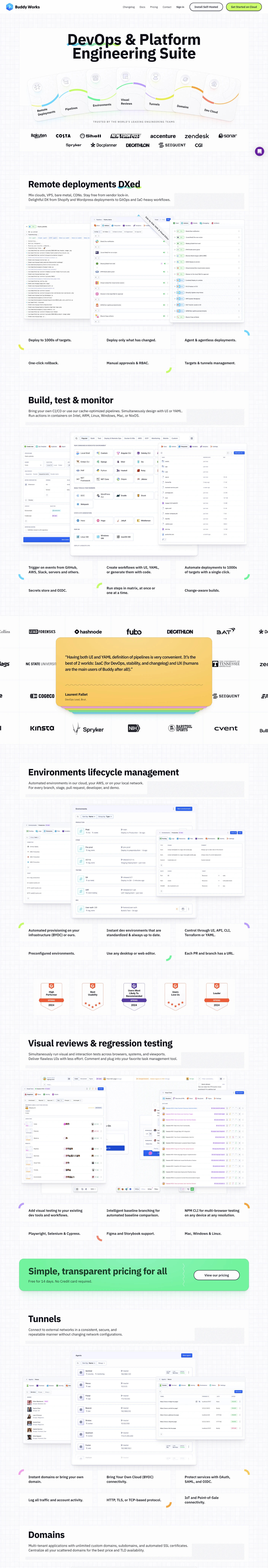 Buddy Works landing page screenshot showcasing Development and Tech design