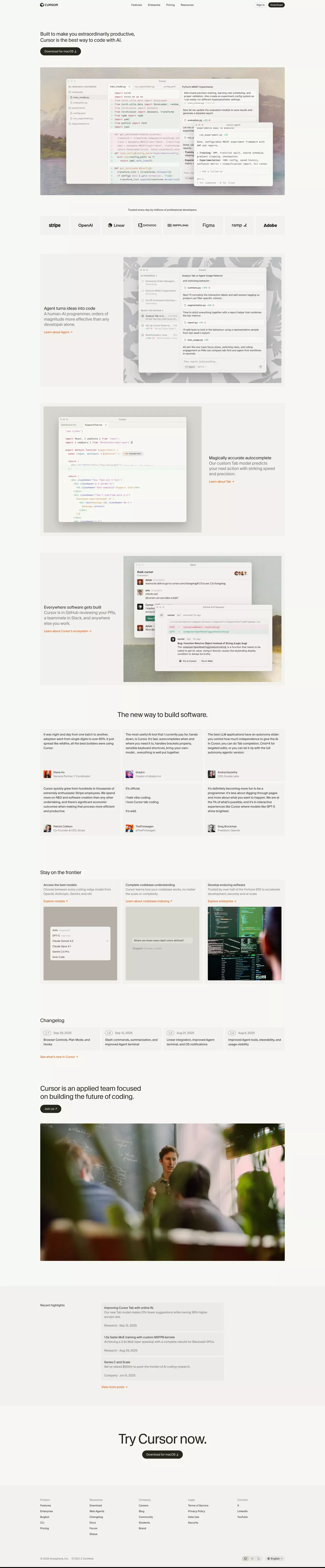 Cursor: The best way to code with AI landing page screenshot showcasing AI and Tech design