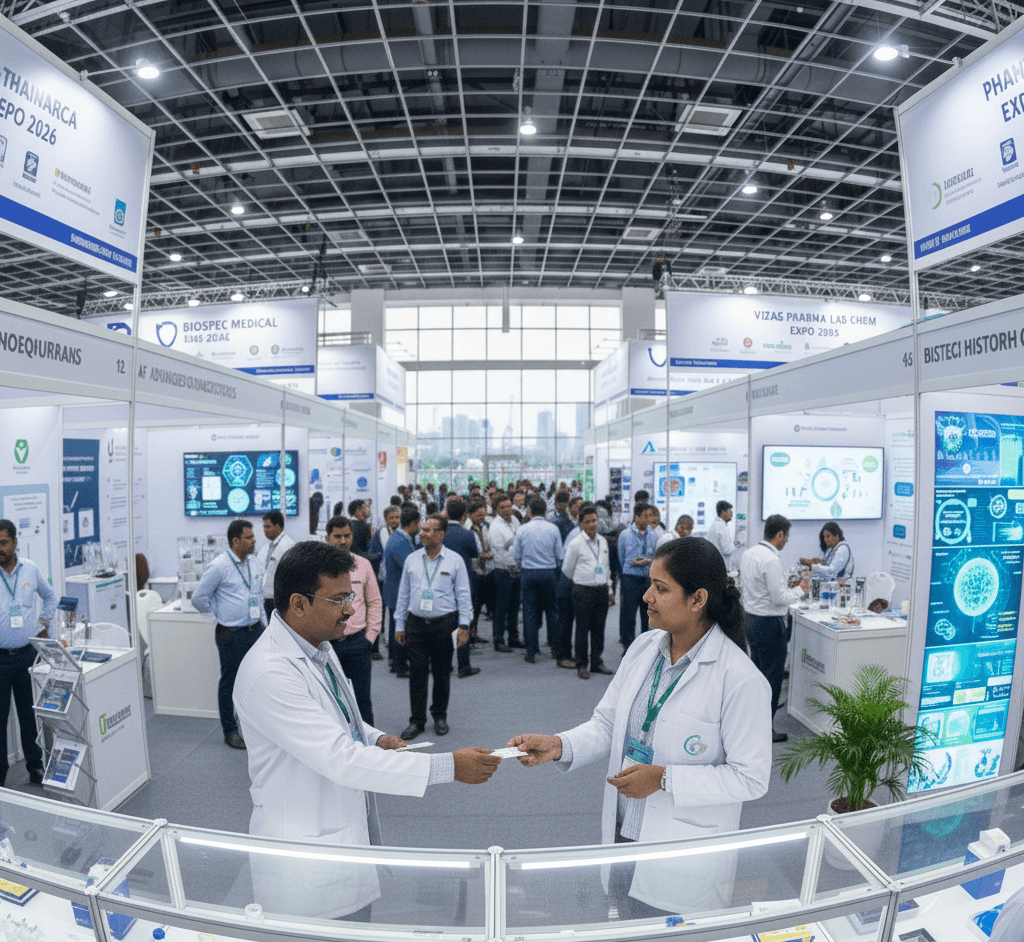Pharma professionals networking at Vizag Pharma Lab Chem Expo 2026 booths in Ramky Pharma City, discussing lab equipment and chemical solutions.