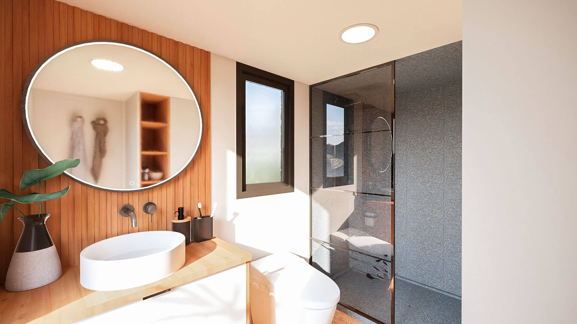 Spacious bathroom layout in this 3 bedroom tiny house