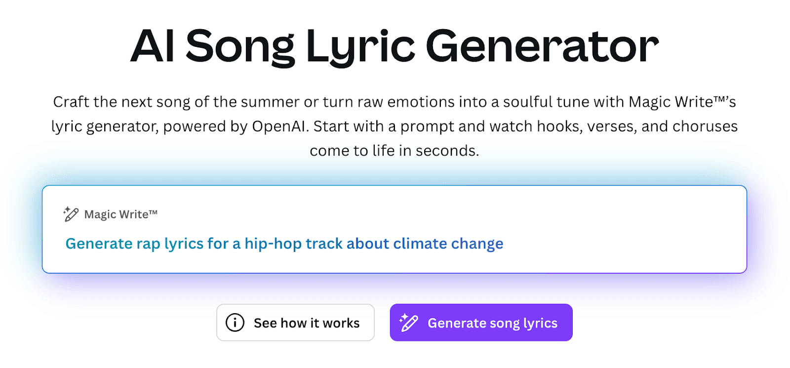 The song lyrics generator feature on Canva