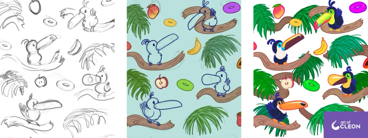 Three-panel process sheet: loose gray sketches of toucans, branches, fruit, and leaves; blue line drawings with early color tests on pale turquoise; and the finished bright pattern on white.