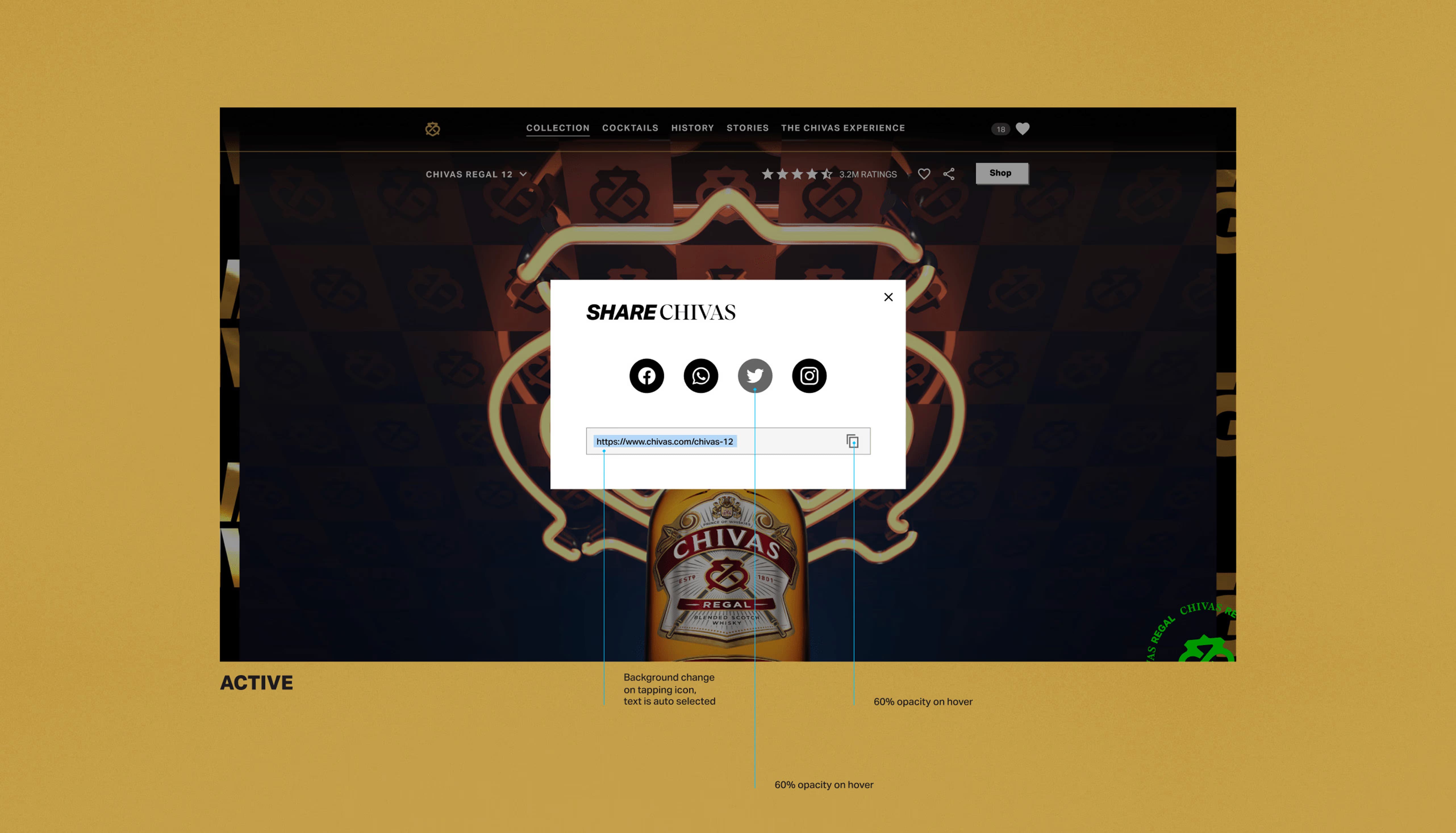 Chivas Regal website age verification modal and social sharing UI overlaid on a premium gold background.