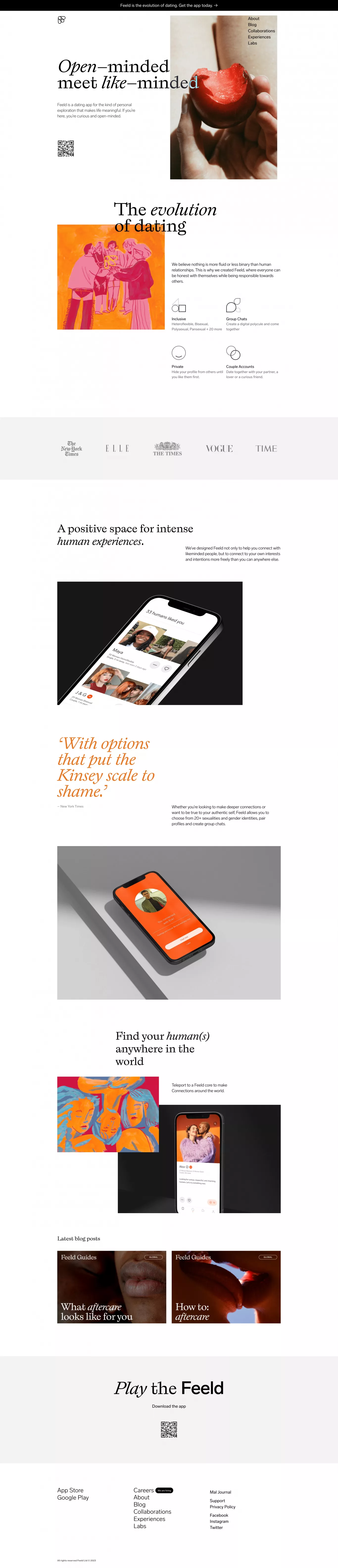 Dating app for the open–minded to meet l landing page screenshot showcasing Tech design