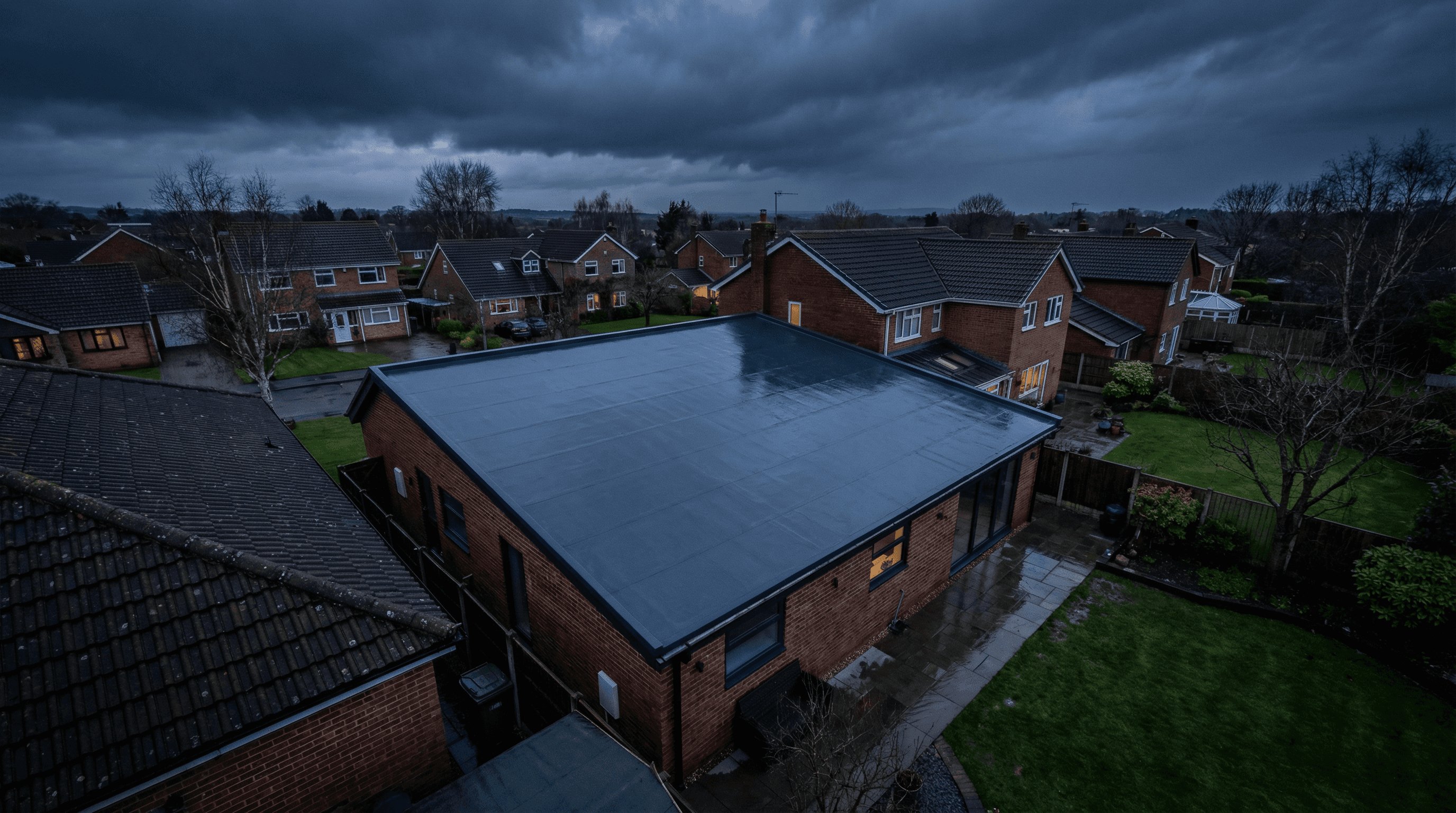 aerial view of green trees and brown brick wall