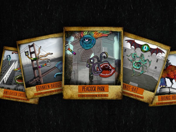 Five cards from the deck “Peacock Park” are displayed against a black background. Each card features unique artwork: a colorful eye, a tentacled creature, a dragon, a bridge, and a bat. The cards are labeled “FRANKEN-BRIDGE,” “PEACOCK PARK,” “SNOT-BAT,” “BIONIC HO,” and “LAND CRAFTED.”