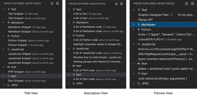 The new options in the VS Code Tree view: Title, Description, or Preview.