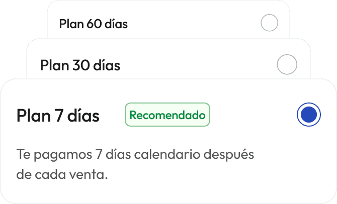 Pantalla mostrando planes de pago con Addi a 7, 30 y 60 días.