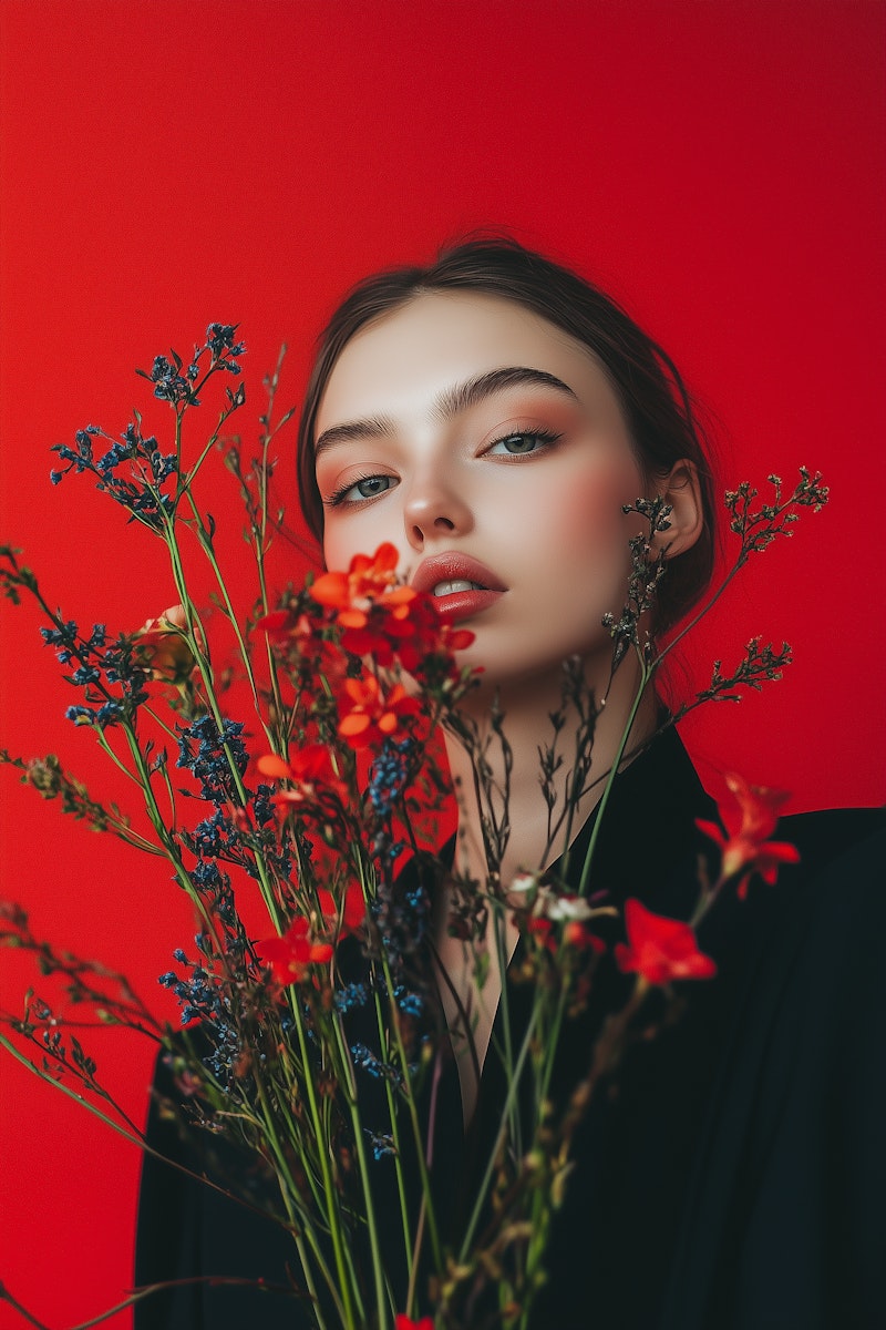 A striking portrait of a woman with flowers against a bold red background, blending vibrant colors and soft, natural beauty.  A striking portrait of a woman with flowers against a bold red background, blending vibrant colors and soft, natural beauty.