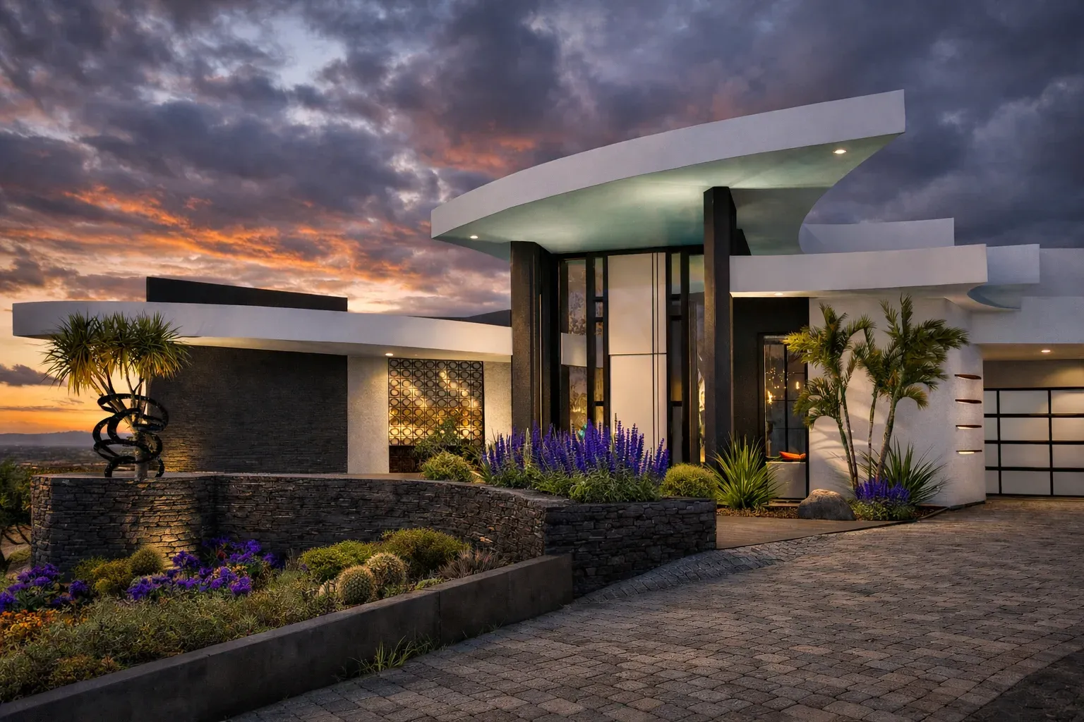 beautiful desert modern home design with large curved roof overhangs.