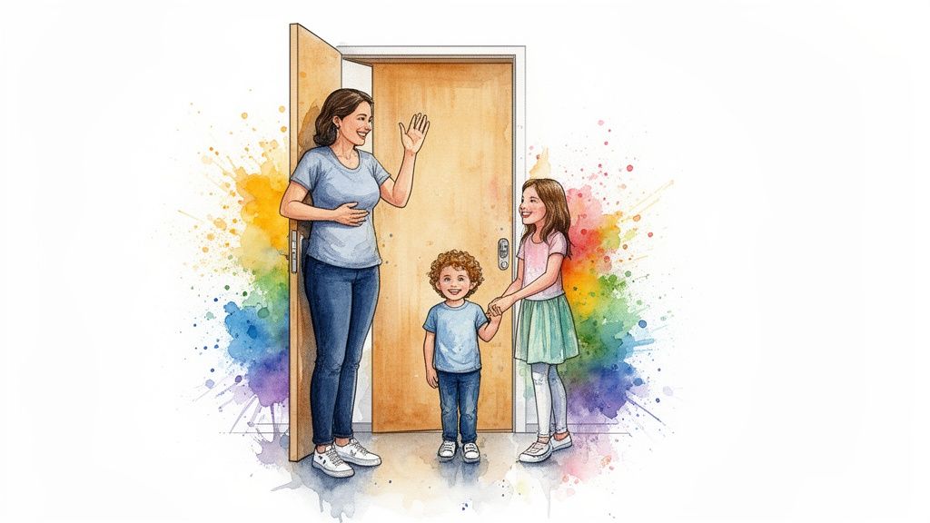 A watercolor illustration of a mother waving goodbye to two smiling children at a doorway.