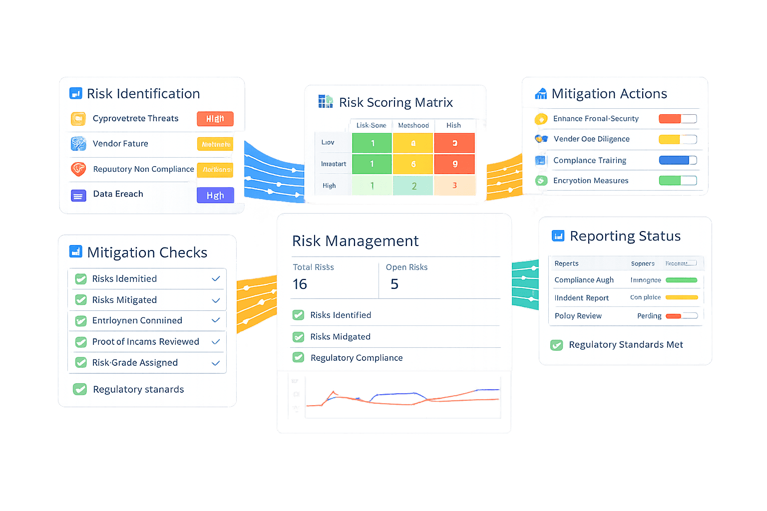 Ilustrasi end‑to‑end data extraction, transformation, analytics, dan regulatory submission pipeline. Di sisi kiri, modul Data Extraction menampilkan tabel transaksi (tanggal, referensi, jumlah) yang diambil dari sistem sumber dan cloud. Data mengalir ke tahap Transformation, ditunjukkan oleh pemetaan data dari bank movement ke company ledger dengan penandaan validasi. Di tengah bawah, Analytics Dashboard merangkum hasil pemrosesan (954 data diproses) dengan indikator ceklis: identitas tervalidasi, jumlah terverifikasi, sumber terkonfirmasi, sanction screening passed, dan compliance met (KYC/AML verified), disertai grafik batang dan tren. Di sisi kanan, ikon keamanan dan regulator OJK menandakan kepatuhan. Panel Submission Pipelines menunjukkan alur pengiriman aman (enkripsi → transmisi → penerimaan) dengan status Data Transmission dan AML Reporting berhasil. Alur data berwarna menghubungkan seluruh modul, menggambarkan proses ETL hingga pelaporan regulasi yang aman dan terstandar end‑to‑end.