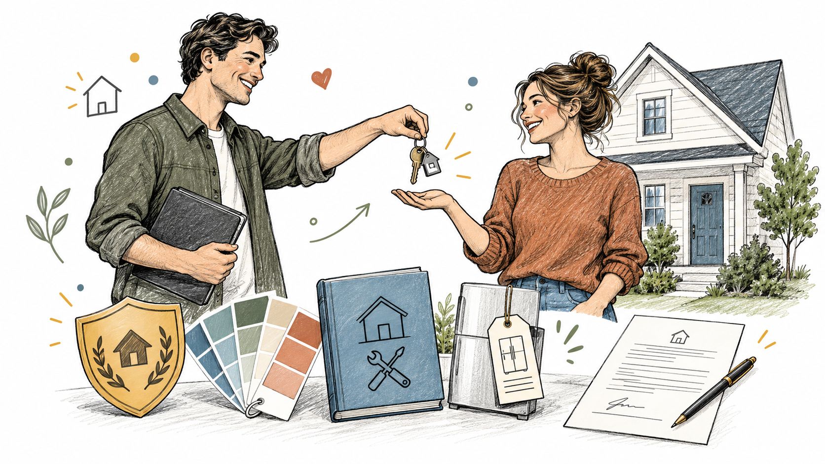 A man and woman exchanging house keys with a home, color swatches, and legal documents nearby.
