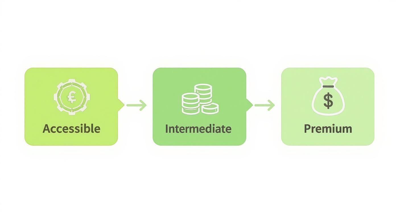 Diagrama que muestra tres niveles de servicio o precio: Accesible, Intermedio y Premium, con iconos monetarios.