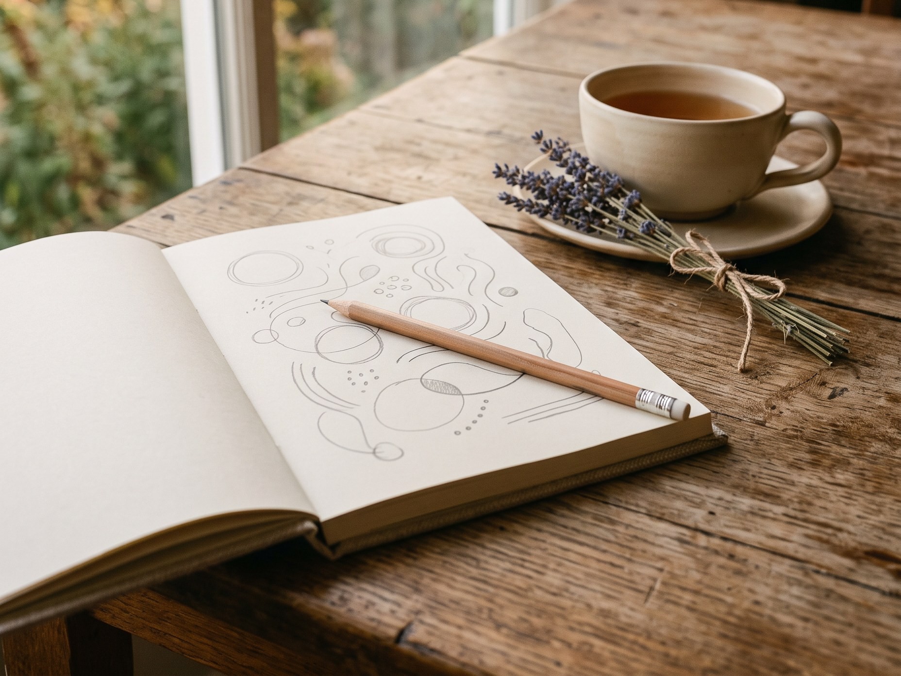 An open notebook with pencil doodles next to a cup of tea